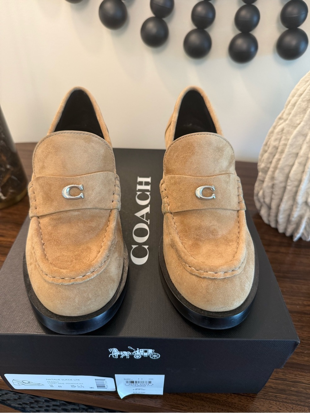 Coach Women’s Suede Loafers in Light Brown with Silver 'C' Accent